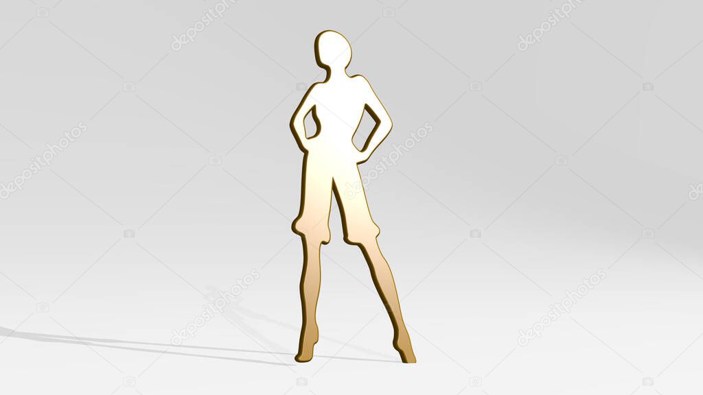 fancy woman with long legs made by 3D illustration of a shiny metallic sculpture on a wall with light background. concept and decoration