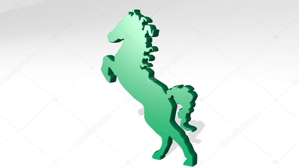 HORSE on the wall. 3D illustration of metallic sculpture over a white background with mild texture. art and black