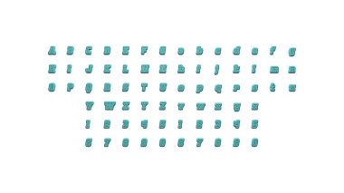 Üç boyutlu alfabe ve numaralar beyaz arkaplanda ayrıntılı hat yazısı olan sözcükler oluşturmak için her iki tarafa da uygun perspektiflere sahipler.