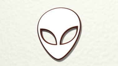 Işık arkaplanlı bir duvarda parlayan metalik bir heykelin 3 boyutlu bir çizimi ile yaratılmış uzaylı yüzü. çizgi film ve boşluk