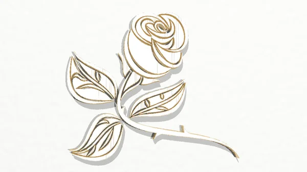 Rose Flower Vytvořený Ilustrací Lesklé Kovové Sochy Stěně Světelným Pozadím — Stock fotografie