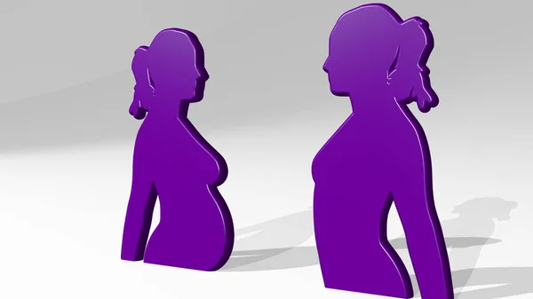 WOMAN BEFORE AND AFTER PREGNANCY on the wall. 3D illustration of metallic sculpture over a white background with mild texture. beautiful and young