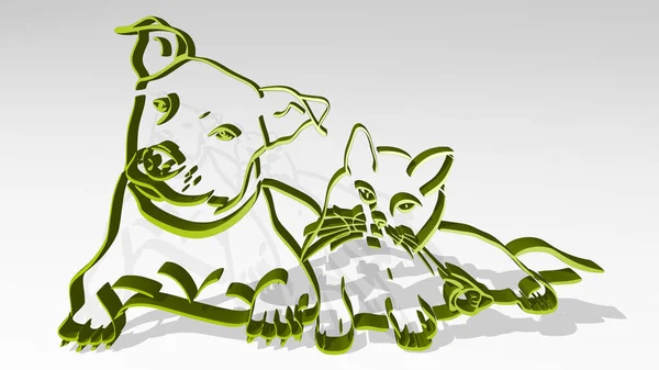Hund Und Katze Der Wand Illustration Einer Metallischen Skulptur Auf — Stockfoto