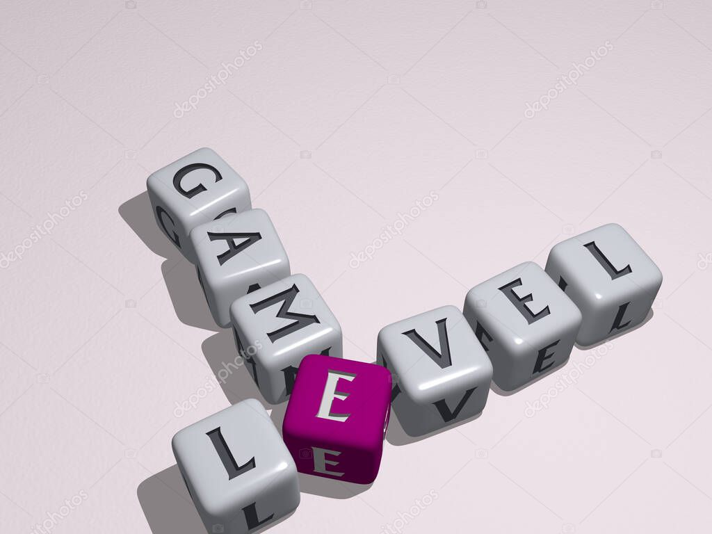 video games words GAME LEVEL combined by dice letters and color crossing for the related meanings of the concept. illustration and background