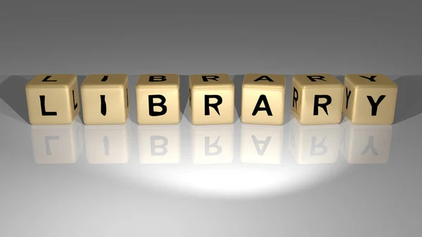 Biblioteca Arreglada Por Letras Cúbicas Doradas Sobre Suelo Espejo Concepto — Foto de Stock