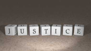 Üst perspektiften gelen kübik harflerle yapılmış parlak JUSTICE, üç boyutlu resimleme konsepti için mükemmel. kanun ve simge