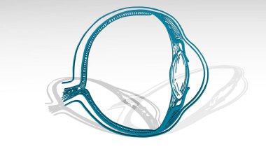 İnsan gözü anatomisi duvardaki bir perspektiften. Üç boyutlu metalik malzemelerden yapılmış kalın bir heykel. Resim ve arkaplan