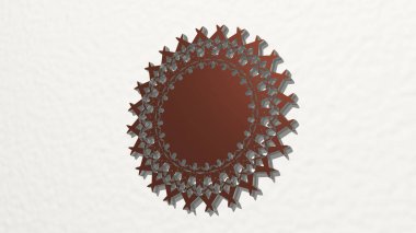 Jeometrik CIRCULAR PATTERN duvardaki bir perspektiften. Üç boyutlu metalik malzemelerden yapılmış kalın bir heykel. arkaplan ve resimleme