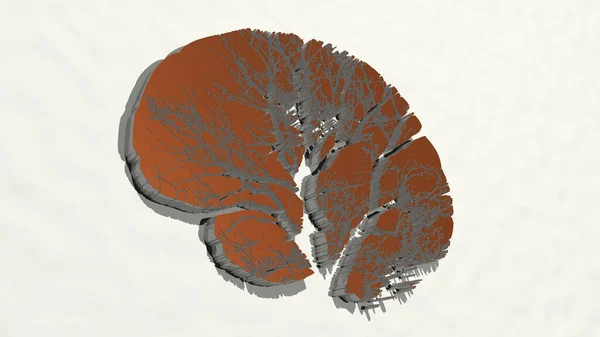 branches of tree in human brain on the wall. 3D illustration of metallic sculpture over a white background with mild texture. beautiful and green