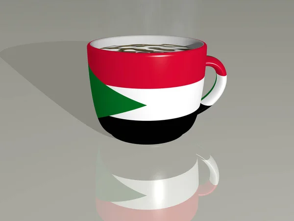 country flag of placed on a cup of hot coffee mirrored on the floor in a 3D illustration with realistic perspective and shadows
