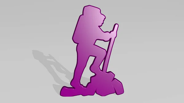 man hiking with backpack and stick made by 3D illustration of a shiny metallic sculpture on a wall with light background. mountain and landscape
