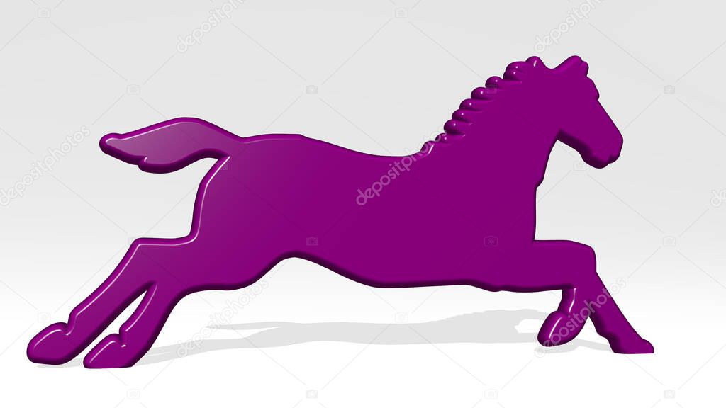 horse from a perspective on the wall. A thick sculpture made of metallic materials of 3D rendering. illustration and animal