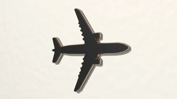 Samolot Latający Ścianie Ilustracja Rzeźby Metalicznej Białym Tle Łagodnej Fakturze — Zdjęcie stockowe