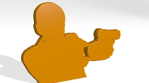 Man Pointing Gun Wall Illustration Metallic Sculpture White Background Mild — Stock Photo, Image