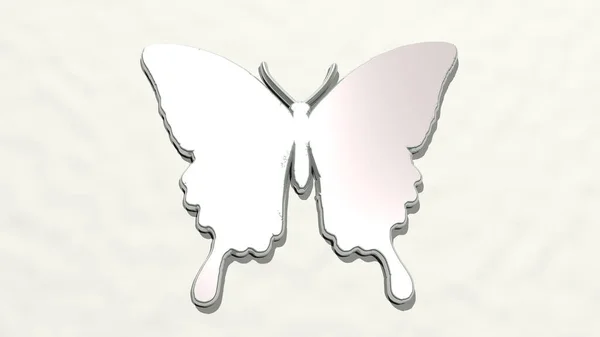 Butterfly Створений Ілюстрацією Блискучої Металевої Скульптури Стіні Світлим Фоном Красивий — стокове фото