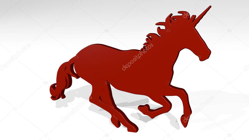 HORSE GALLOPING on the wall. 3D illustration of metallic sculpture over a white background with mild texture. animal and beautiful