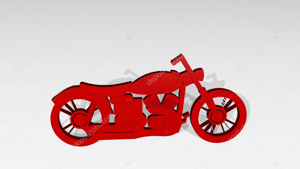 motorcycle made by 3D illustration of a shiny metallic sculpture on a wall with light background. bike and biker