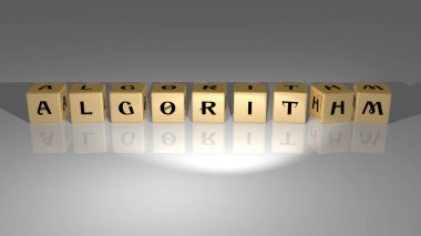 Algoritma, ayna zemininde altın kübik harflerle düzenlenmiş, kavram anlamı ve sunumu. Resim ve arkaplan