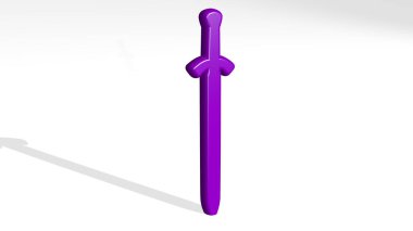 Duvarda kılıç var. Metalik heykelin beyaz arka planda, yumuşak desenli üç boyutlu çizimi. antik ve sanat