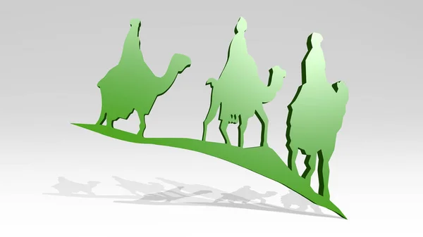 CAMEL CARAVAN on the wall. 3D illustration of metallic sculpture over a white background with mild texture. desert and animal