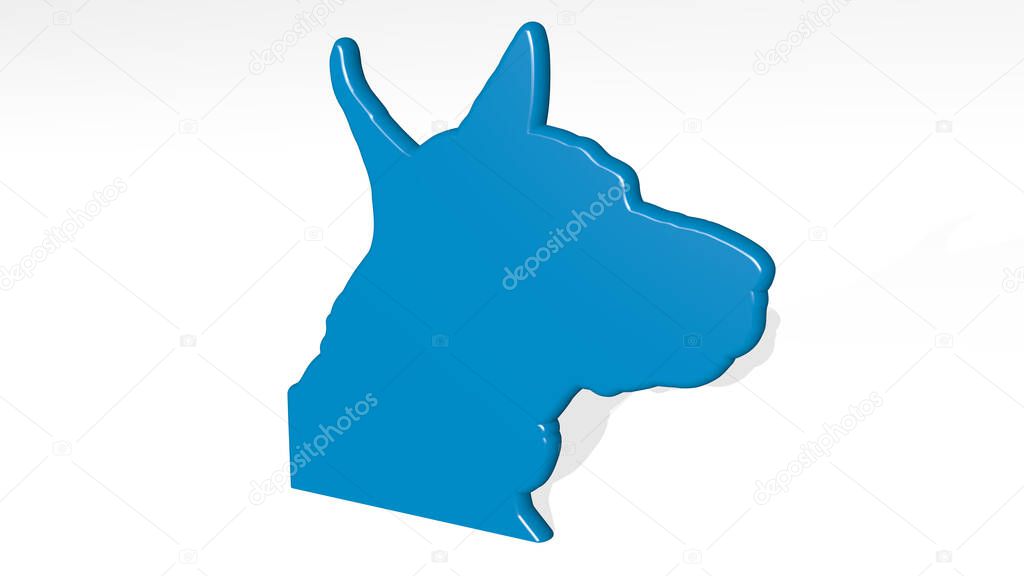 dog on the wall. 3D illustration of metallic sculpture over a white background with mild texture. animal and cute