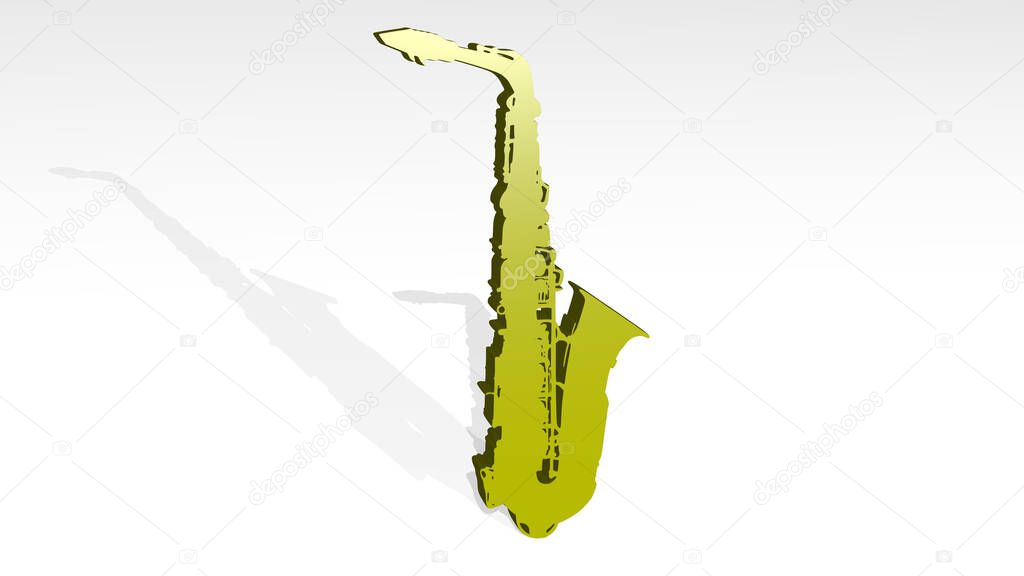 saxophone on the wall. 3D illustration of metallic sculpture over a white background with mild texture. music and jazz