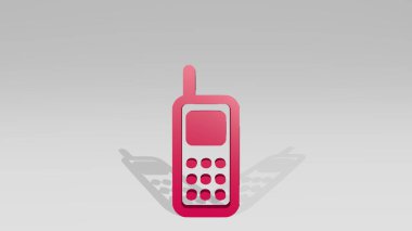 Duvarda klasik bir cep telefonu var. Metalik heykelin beyaz arka planda, yumuşak desenli üç boyutlu çizimi. tasarım ve sanat
