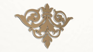 SymMETRAL PATTERN duvardaki bir perspektiften. Üç boyutlu metalik malzemelerden yapılmış kalın bir heykel. arkaplan ve resimleme