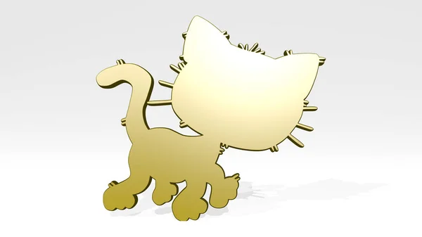 kitty cat on the wall. 3D illustration of metallic sculpture over a white background with mild texture. cute and animal
