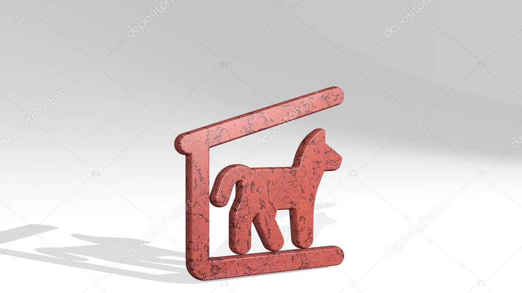 outdoors dog house made by 3D illustration of a shiny metallic sculpture on a wall with light background. beautiful and nature