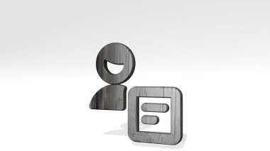 Bekar adam duvarda yazı yazıyor. Metalik heykelin beyaz arka planda, yumuşak desenli üç boyutlu çizimi. simge ve izole edilmiş