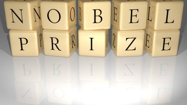NOBEL PRIZE en üst perspektiften altın kübik harflerle inşa edildi, konsept sunumu için mükemmel. yazı ve illüstrasyon