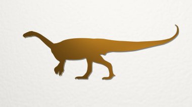 Dinozor, parlak arkaplanlı bir duvarda parlayan metalik bir heykelin 3 boyutlu bir çizimiyle yapılmış. hayvan ve çizgi film