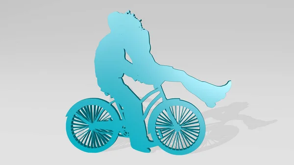 Man Riding Bike Girlfriend Made Illustration Shiny Metallic Sculpture Wall — Stock Photo, Image