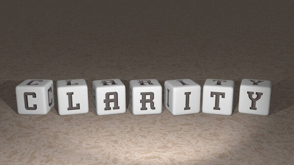 блеск CLARITY построенный на кубических буквах с верхней точки зрения, отлично подходит для презентации концепции в 3D иллюстрации. предыстория и ясность
