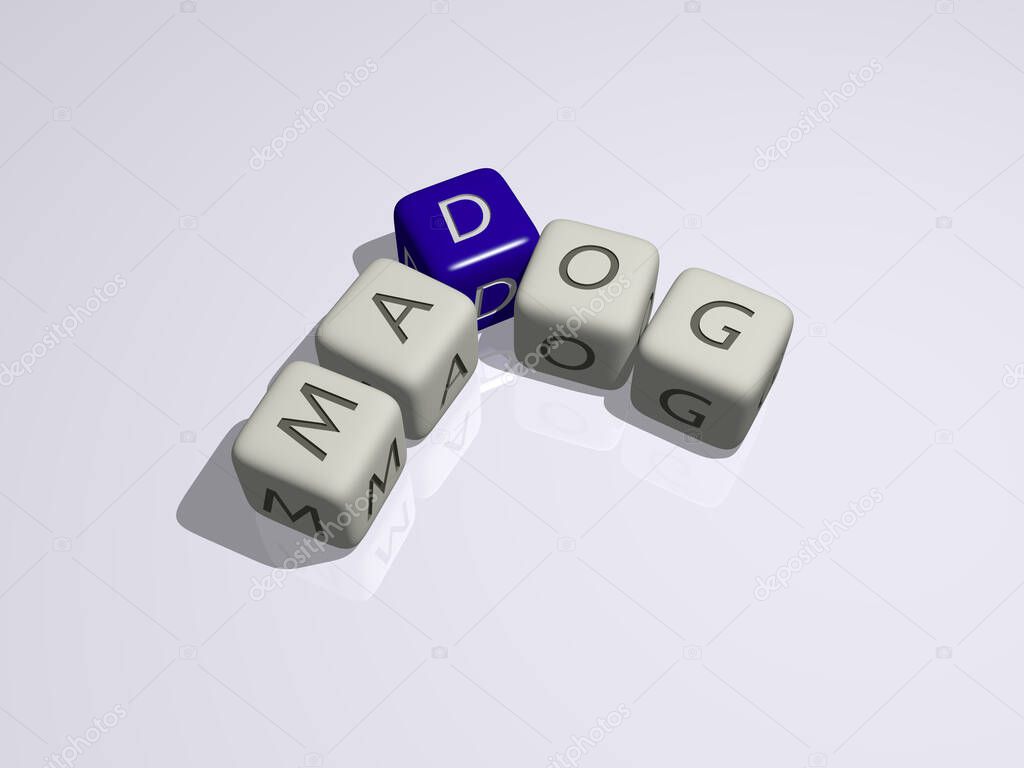 MAD DOG combined by dice letters and color crossing for the related meanings of the concept. angry and illustration