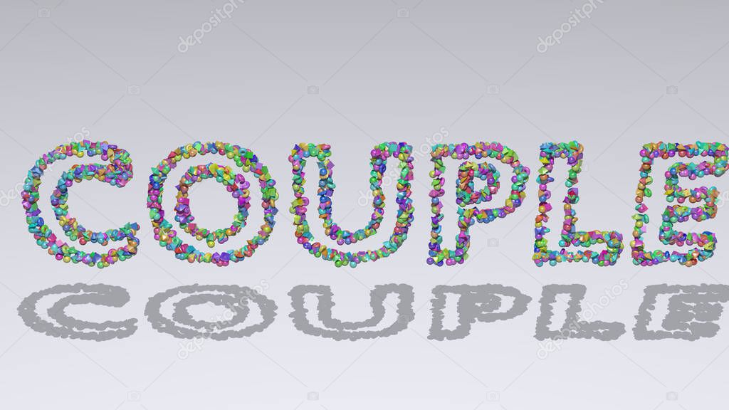 Colorful 3D writting of couple text with small objects over a white background and matching shadow. happy and illustration