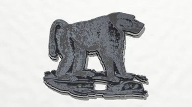 Duvarda maymun resmi var. Metalik heykelin beyaz arka planda, yumuşak desenli üç boyutlu çizimi. hayvan ve Afrika
