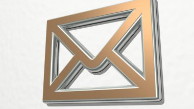 Duvardaki bir perspektiften gelen zarf sembolü. Üç boyutlu metalik malzemelerden yapılmış kalın bir heykel. Resim ve arkaplan