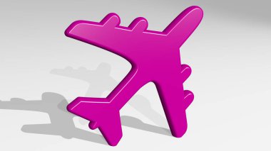 Duvarda uçak var. Metalik heykelin beyaz arka planda, yumuşak desenli üç boyutlu çizimi. uçak ve uçak