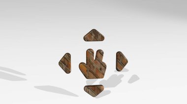 jest, duvardaki bir perspektiften her şeyi genişletir. Üç boyutlu metalik malzemelerden yapılmış kalın bir heykel. arkaplan ve resimleme