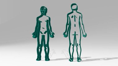İnsan vücudunun ön ve arka anatomisi, parlak arkaplanlı bir duvarda parlayan metalik bir heykelin üç boyutlu çiziminden oluşur. görünüm ve beyaz