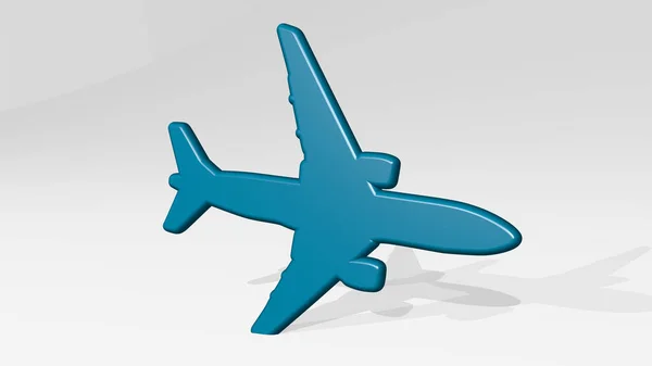 aeroplane from a perspective on the wall. A thick sculpture made of metallic materials of 3D rendering. airplane and aircraft