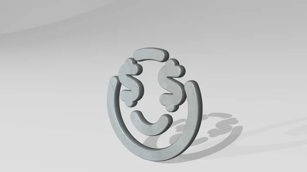 光の背景を持つ壁に輝く金属彫刻の3Dイラストで作られたSmiley Rich Altenate 顔とアイコン — ストック写真