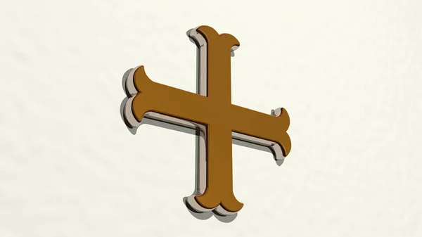 Christian Cross Vytvořený Ilustrací Lesklé Kovové Sochy Stěně Světelným Pozadím — Stock fotografie