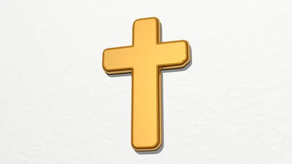 Christian Cross Perspective Wall Thick Sculpture Made Metallic Materials Rendering — Stock Photo, Image