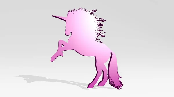 Unicorn Выполнен Помощью Иллюстрации Блестящей Металлической Скульптуры Стене Светлым Фоном — стоковое фото