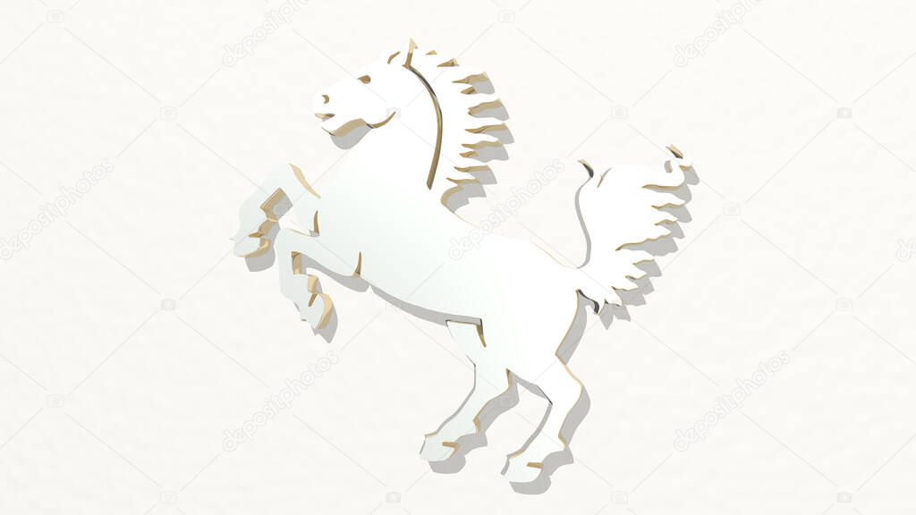 HORSE from a perspective on the wall. A thick sculpture made of metallic materials of 3D rendering. illustration and animal