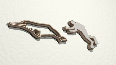 Dalgıç yunusu duvardaki bir perspektiften takip ediyor. Üç boyutlu metalik malzemelerden yapılmış kalın bir heykel. dalış ve resimleme