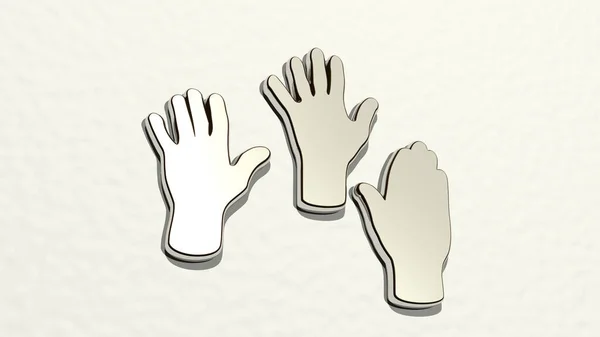 HANDS from a perspective on the wall. A thick sculpture made of metallic materials of 3D rendering. background and illustration